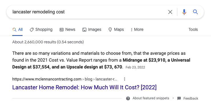 Featured Snippet Top Spot for Remodelers