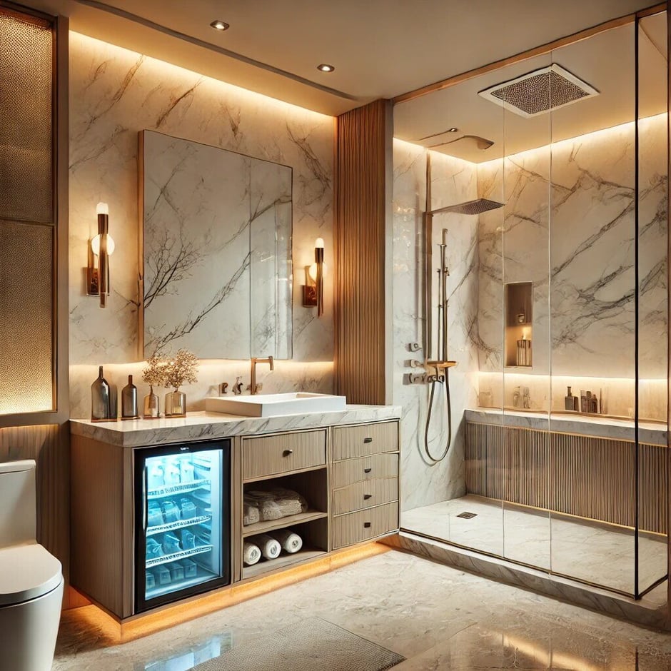 Luxury bathroom remodel with marble countertops, modern fixtures, a spacious walk-in shower, and a built-in mini fridge – perfect for high-end home renovations