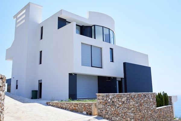 External view of a contemporary house modern villa at  sunset