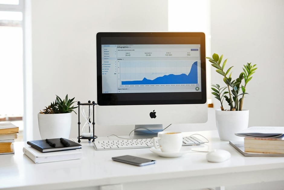 clean, modern workspace with a desktop screen displaying website traffic and growth charts, illustrating successful digital marketing strategies for remodelers. Builder Funnel.jpg